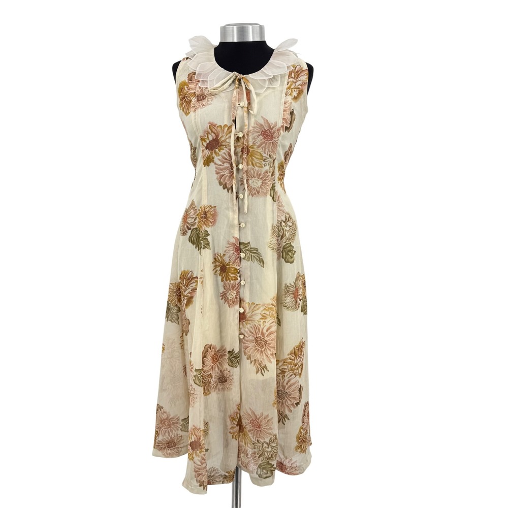 Vintage Sophie Floral Sleeveless Midi Dress Ruffle Collar Coquette Women's M